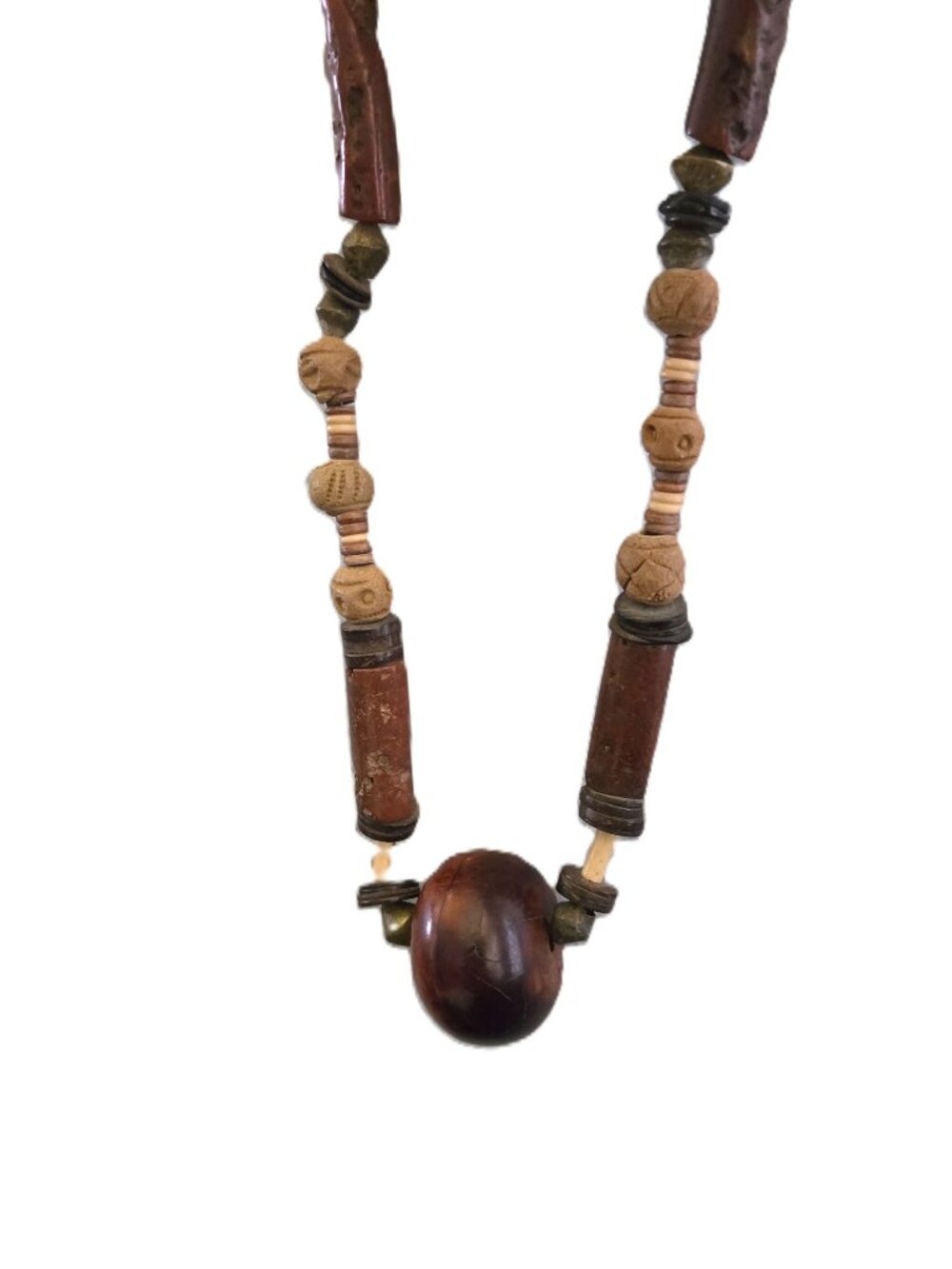 Wood Bead Necklace 22" Multi Bead Stone Pendant Gold Tone Tan Beige Brown